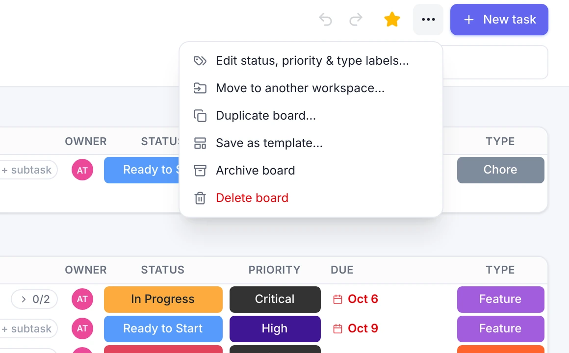 The board menu on the website with Edit status, priority and type labels at the top