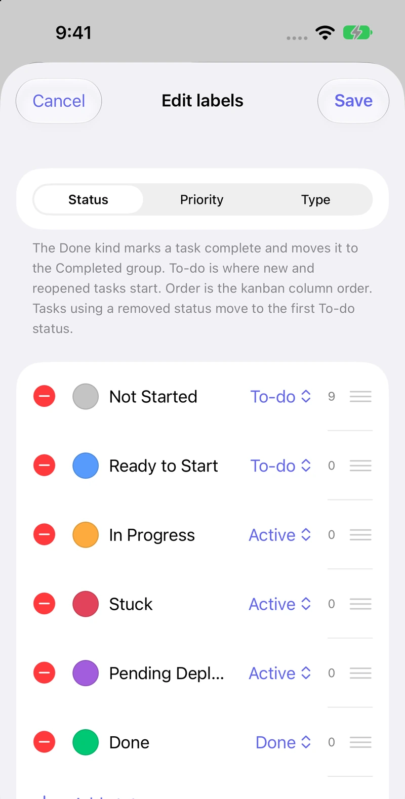 The Edit labels screen on iPhone