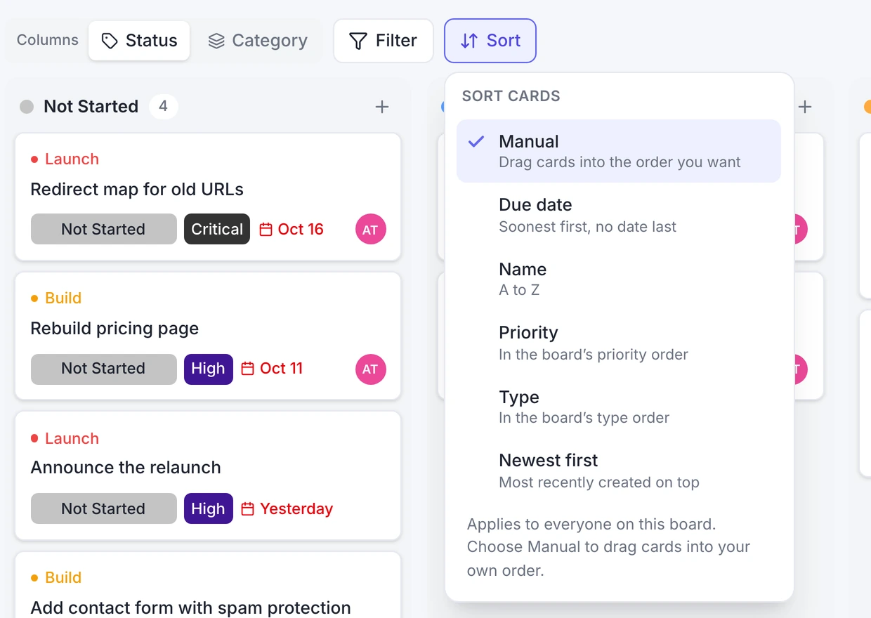 The Sort menu in Kanban view listing Manual, Due date, Name, Priority, Type and Newest first