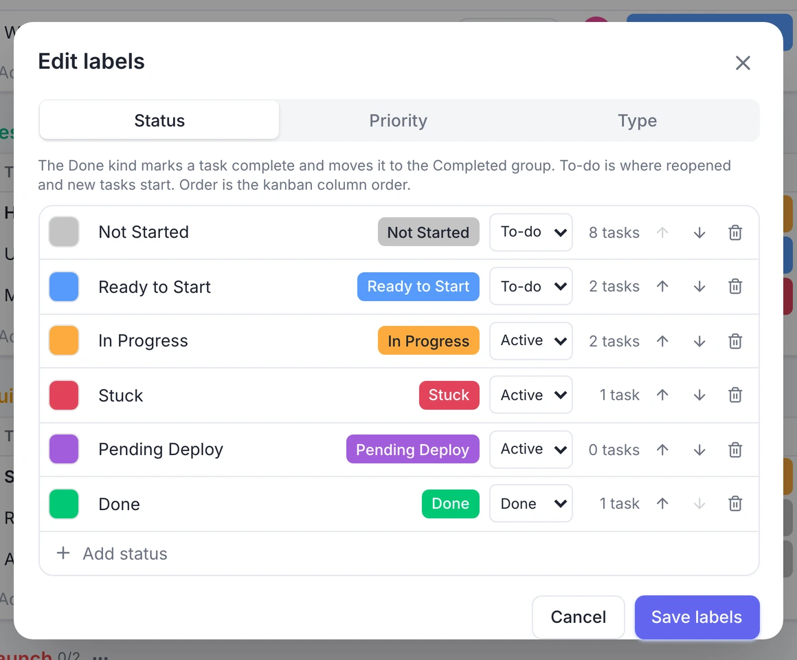 The Edit labels dialog on the website: color square, name, kind, reorder arrows and delete for each status